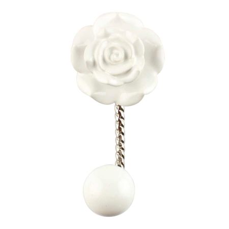 White Rose Flower Ceramic Wall Hook in Silver Fitting